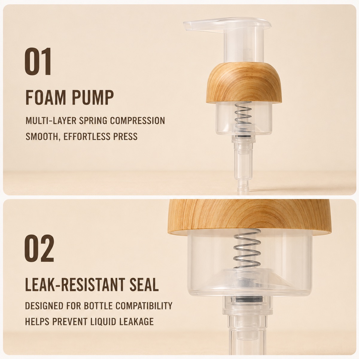 40-thread-woodgrain-finish-plastic-foam-pump-showing-spring-action-and-leak-resistant-seal-features