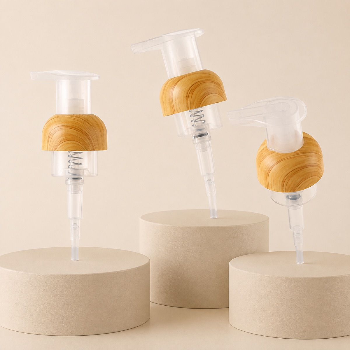 40-thread-woodgrain-finish-plastic-foam-pump-shown-from-multiple-product-angles