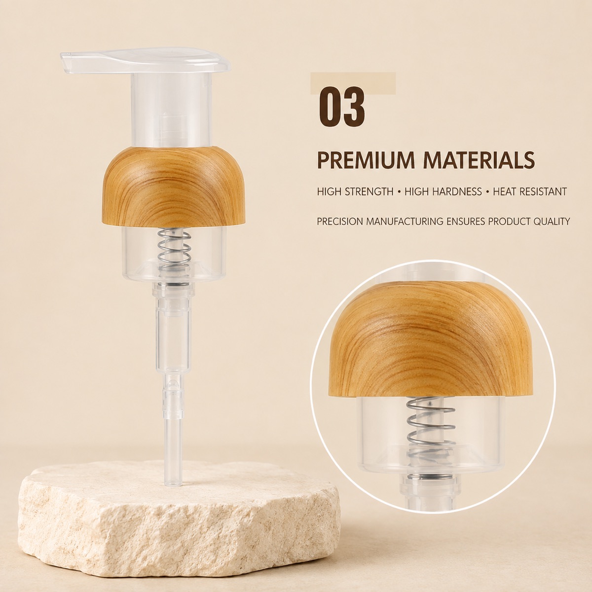 40-thread-woodgrain-finish-plastic-foam-pump-highlighting-the-woodgrain-collar-and-plastic-components