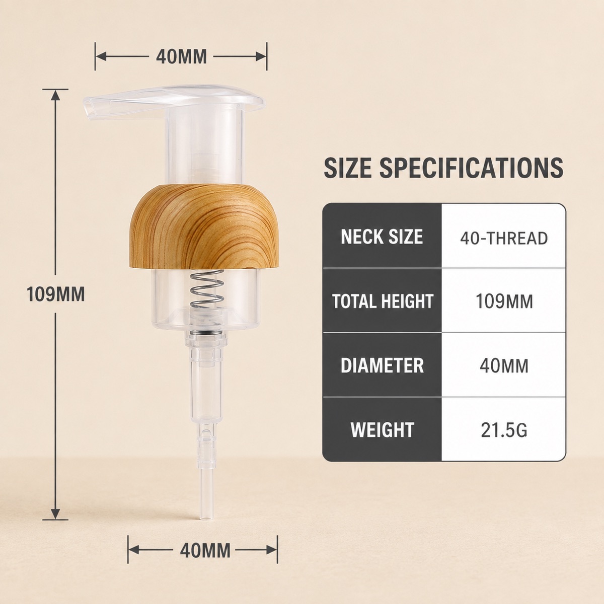 40-thread-woodgrain-finish-plastic-foam-pump-with-40-thread-neck-and-pump-dimensions