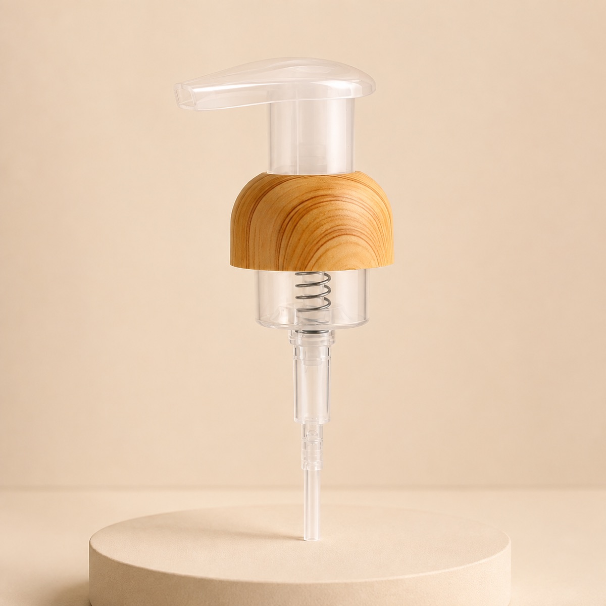 40-thread-woodgrain-finish-plastic-foam-pump-single-product-hero-image-on-a-neutral-pedestal