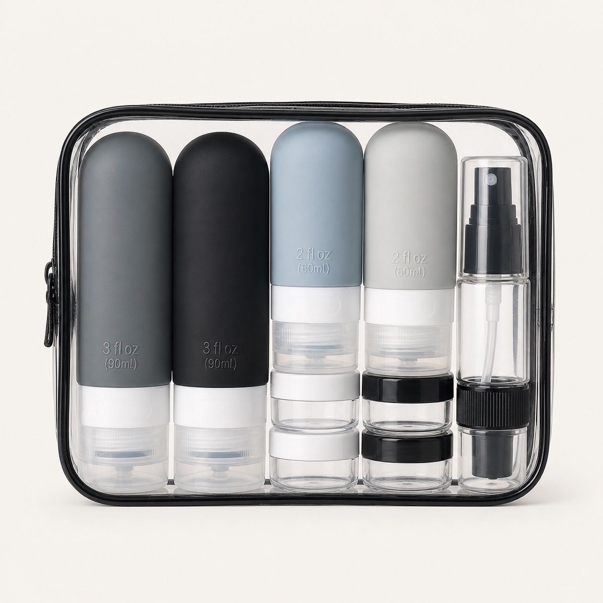 90ml-silicone-travel-toiletry-bottle-set-black-gray-and-clear-travel-set-in-a-zip-pouch