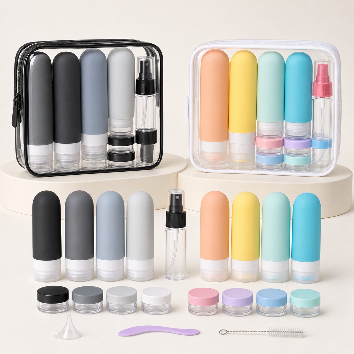 90ml-silicone-travel-toiletry-bottle-set-comparing-monochrome-and-pastel-travel-sets
