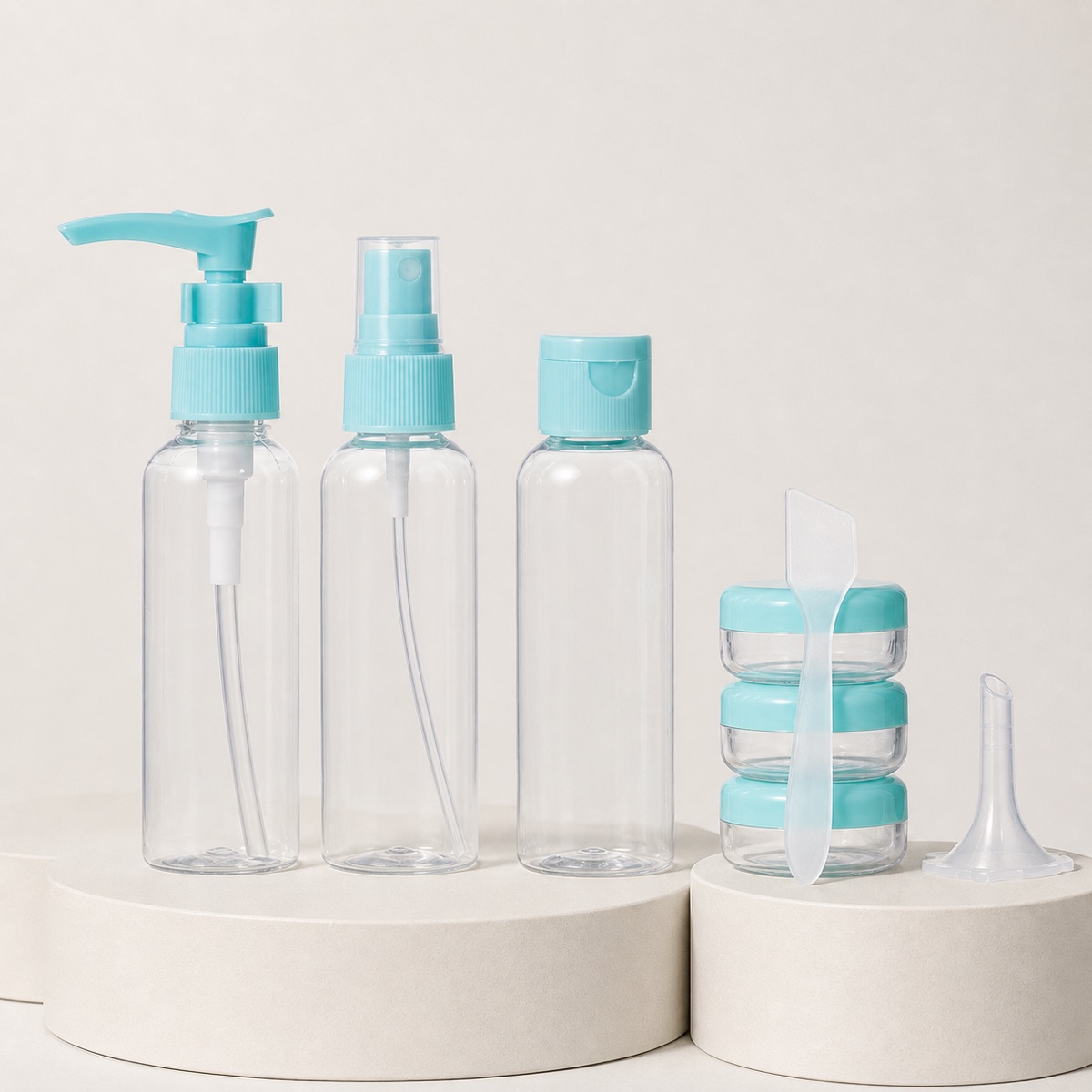 90ml-silicone-travel-toiletry-bottle-set-mint-pump-spray-bottle-jar-and-funnel-lineup