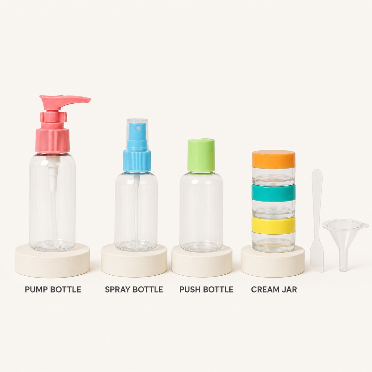 90ml-silicone-travel-toiletry-bottle-set-showing-pump-spray-push-bottle-and-cream-jar-functions