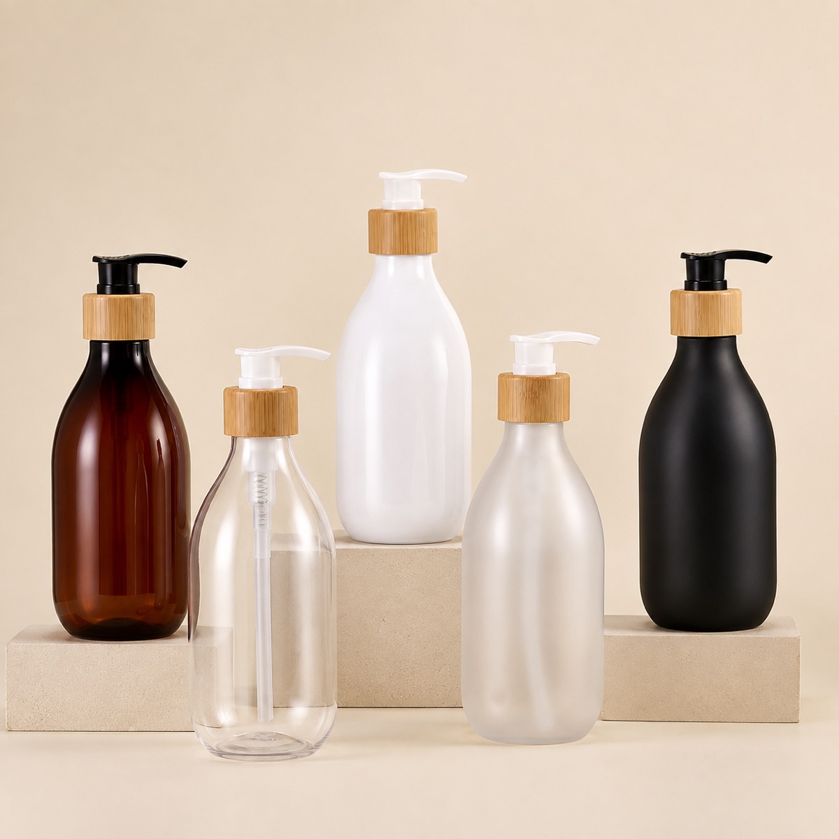 300ml-400ml-500ml-pet-lotion-pump-bottle-with-bamboo-collar-mixed-amber-clear-white-and-black-bottle-finishes