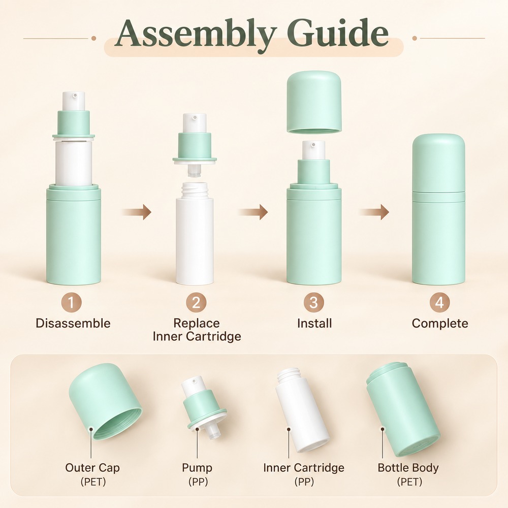 15ml-30ml-50ml-refillable-airless-cosmetic-bottle-showing-the-refill-assembly-steps