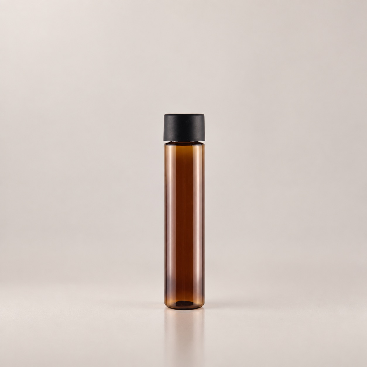 89mm-to-120mm-pet-pcr-child-resistant-packaging-tube-shown-as-a-single-amber-tube-with-black-cap