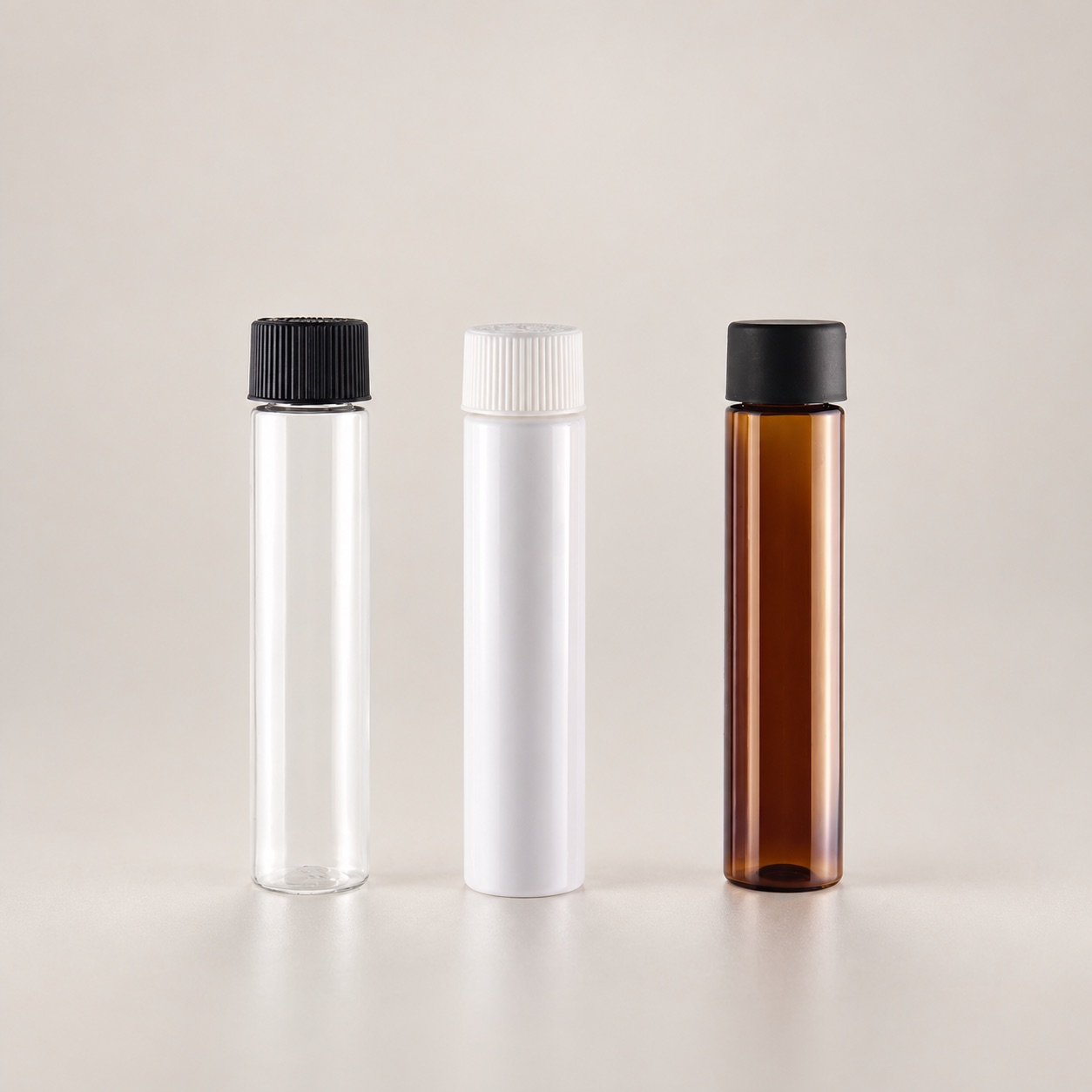 89mm-to-120mm-pet-pcr-child-resistant-packaging-tube-shown-as-clear-white-and-amber-tube-options