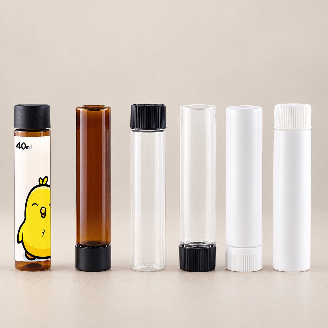 89mm-to-120mm-pet-pcr-child-resistant-packaging-tube-shown-as-a-six-color-screw-cap-tube-lineup