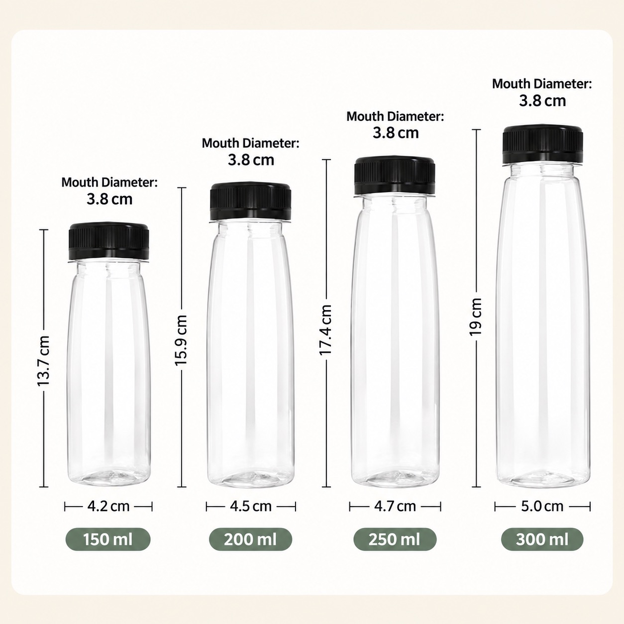 150ml-to-500ml-clear-pet-beverage-bottle-with-tamper-evident-cap-showing-150ml-200ml-250ml-and-300ml-dimensions