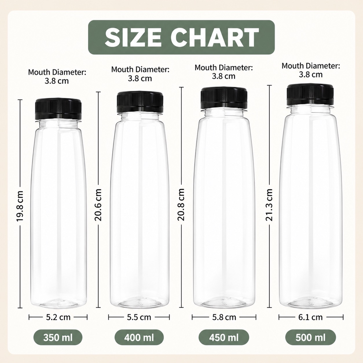150ml-to-500ml-clear-pet-beverage-bottle-with-tamper-evident-cap-showing-350ml-400ml-450ml-and-500ml-dimensions