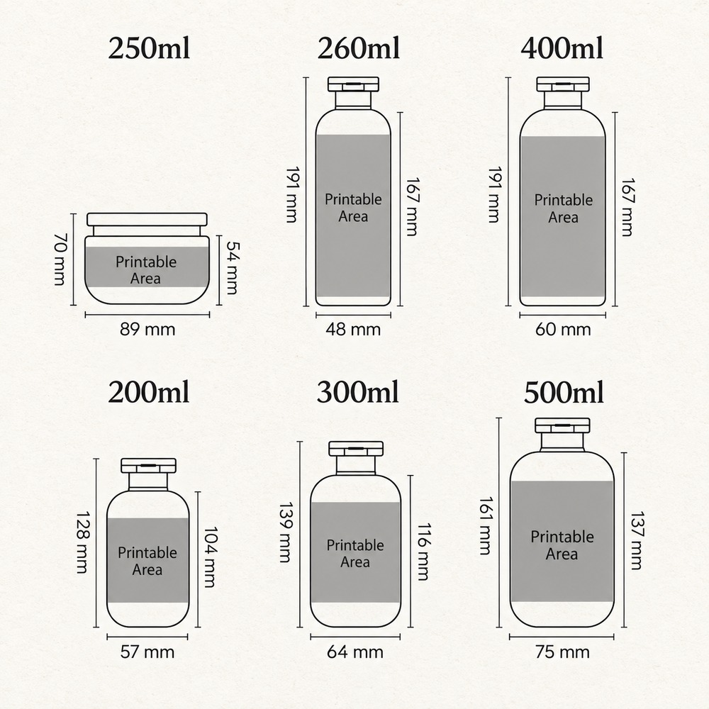200ml-to-500ml-soft-touch-hdpe-personal-care-bottle-and-jar-showing-beige-printable-area-size-chart