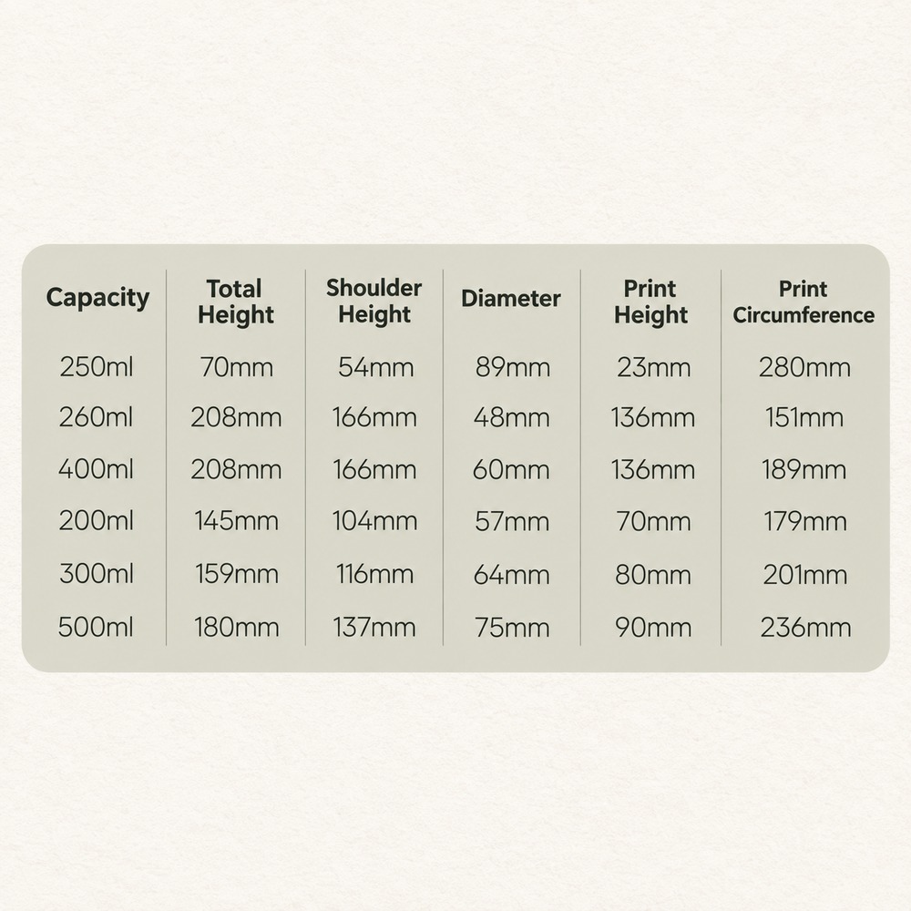 200ml-to-500ml-soft-touch-hdpe-personal-care-bottle-and-jar-showing-beige-product-specifications-table