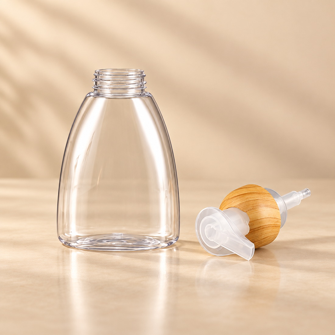 250ml-300ml-clear-pet-foaming-soap-bottle-with-woodgrain-pump-showing-disassembled