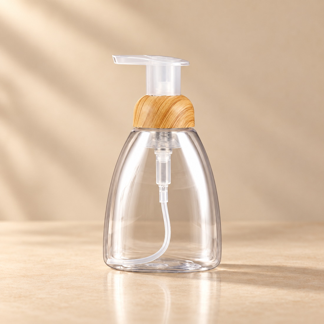 250ml-300ml-clear-pet-foaming-soap-bottle-with-woodgrain-pump-showing-single-front
