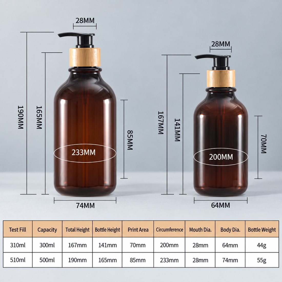 300ml-500ml-round-shoulder-pet-lotion-pump-bottle-with-bamboo-collar-showing-size-parameters