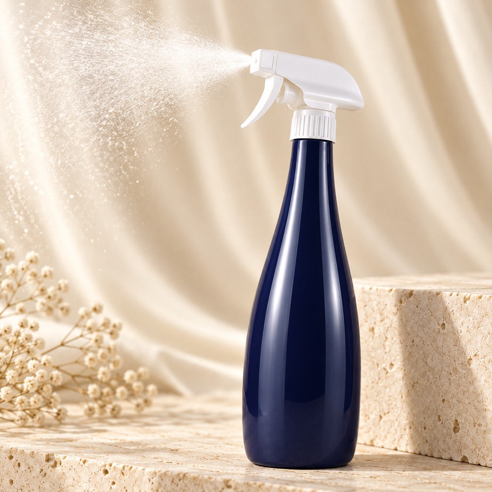 500ml-navy-pet-long-neck-bottle-with-trigger-sprayer-showing-spray-effect
