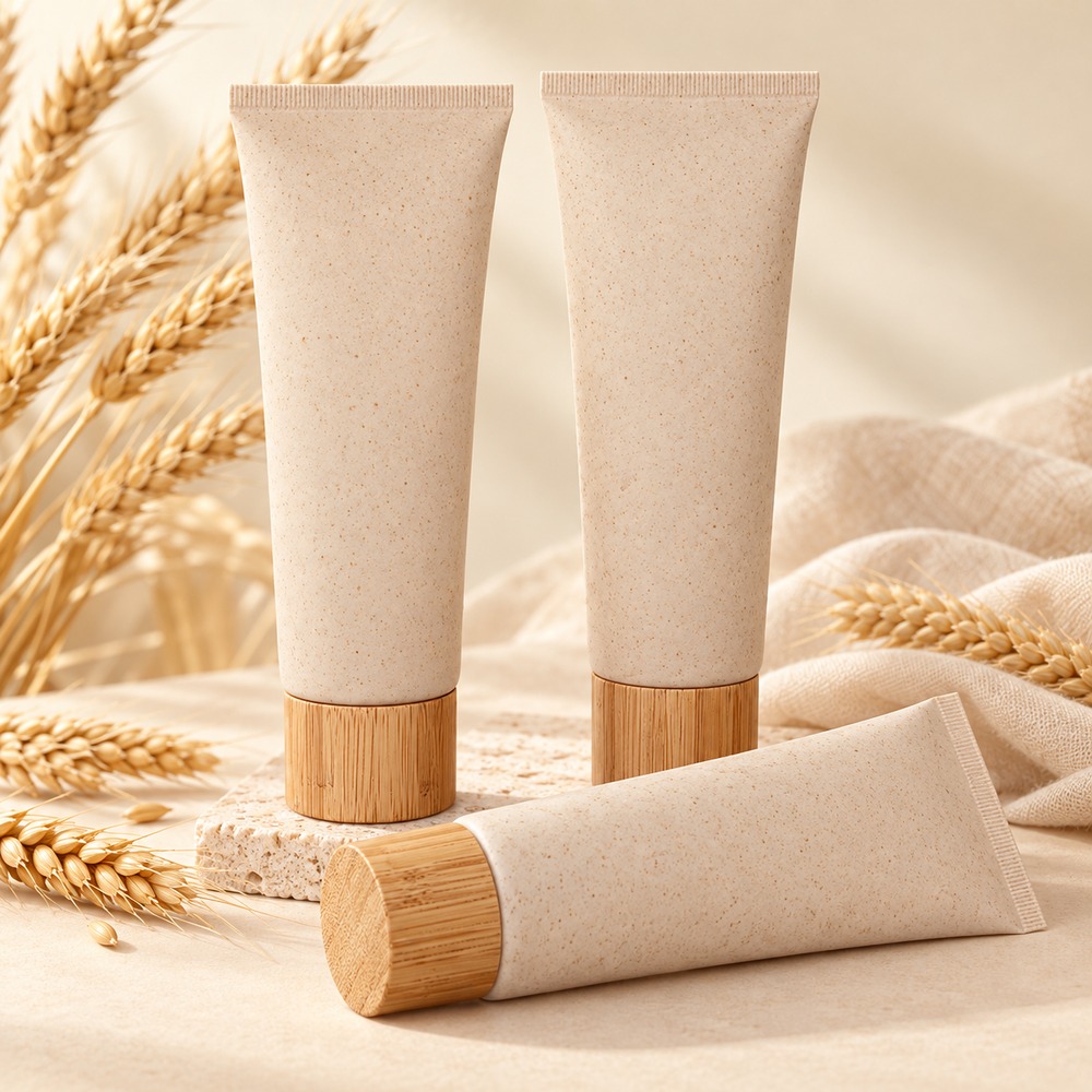 wheat-straw-composite-cosmetic-squeeze-tube-with-bamboo-cap-shown-in-a-group-display